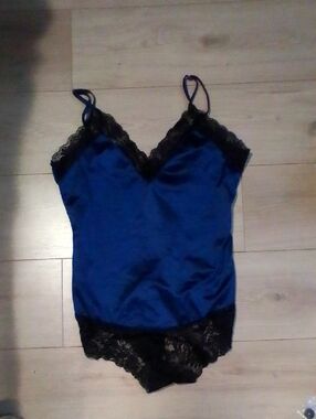 Women's Blue Satin Lace Cami Bodysuit